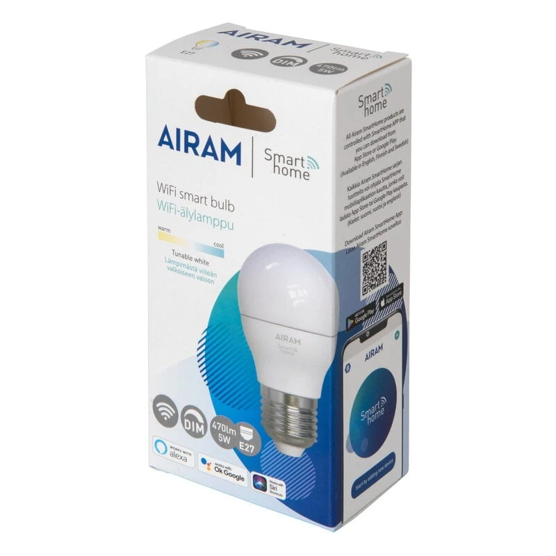 Airam SmartHome WiFi LED Lamppu P45, E27 5W 470lm 2700-6500K, Opaali 2 Airam SmartHome WiFi LED Lamppu P45, E27 5W 470lm 2700-6500K, Opaali - Image 2